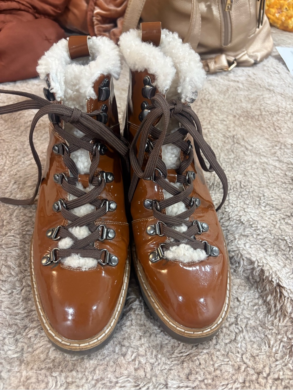 Donald J. Pliner Women's Brown Patent Lace-Up Boots with Cream Shearling Trim